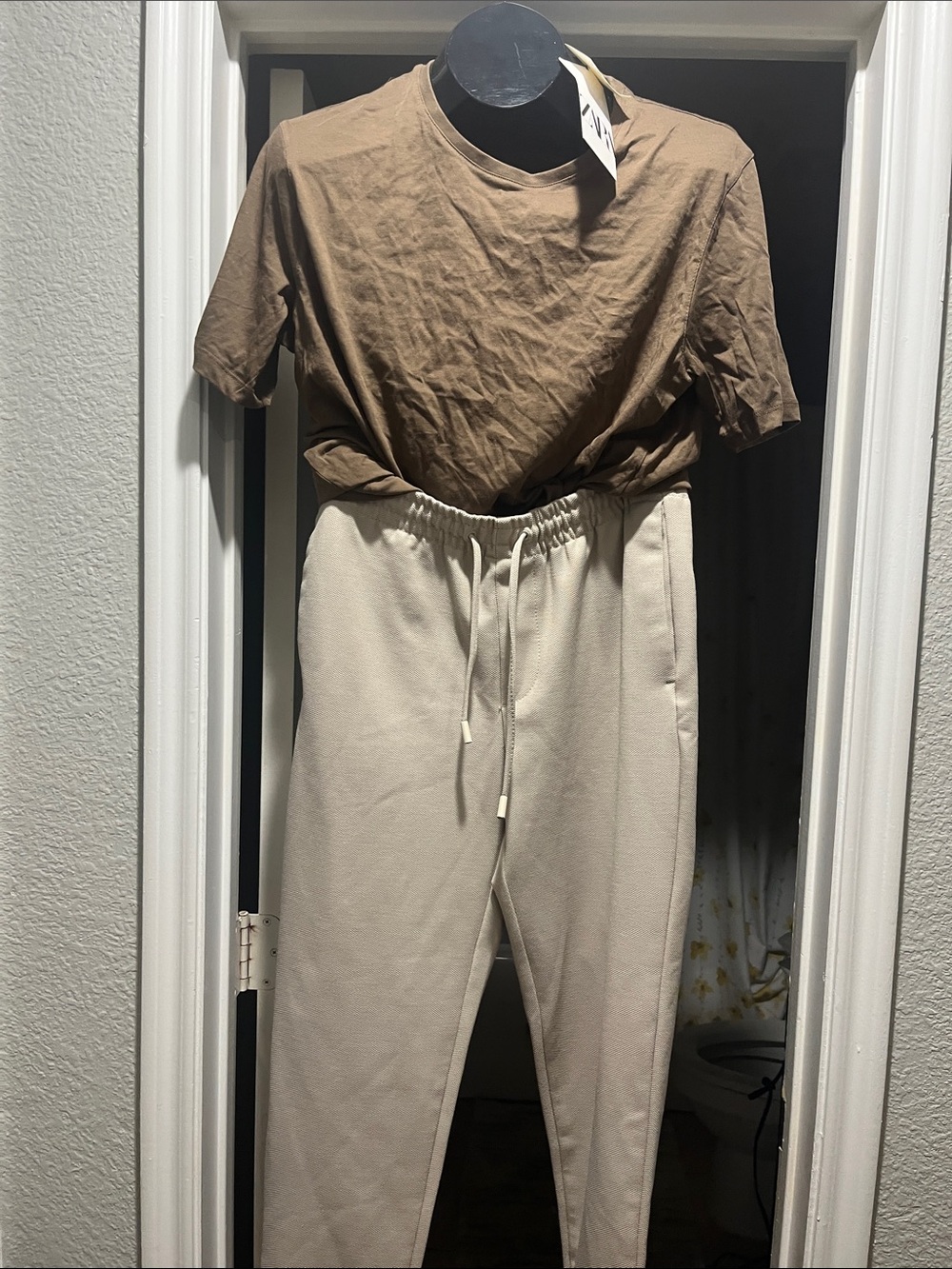 Men's Taupe-Brown Drawstring Joggers and New Zara Tee Shirt Size Medium.